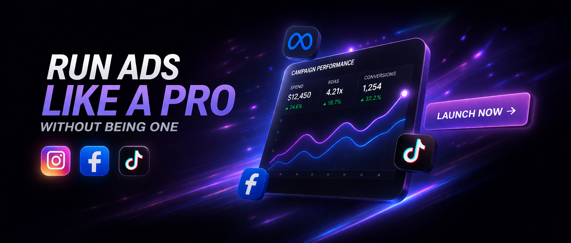 Launch whole campaigns — campaign performance with Meta, Facebook, and TikTok. Tap to get started.